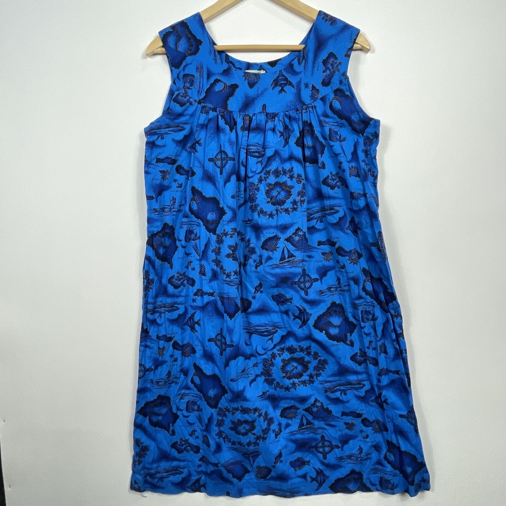 Ui-Maikai Muumuu Dress Womens Small Blue Hawaiian Tropical Vacation Folk Vintage